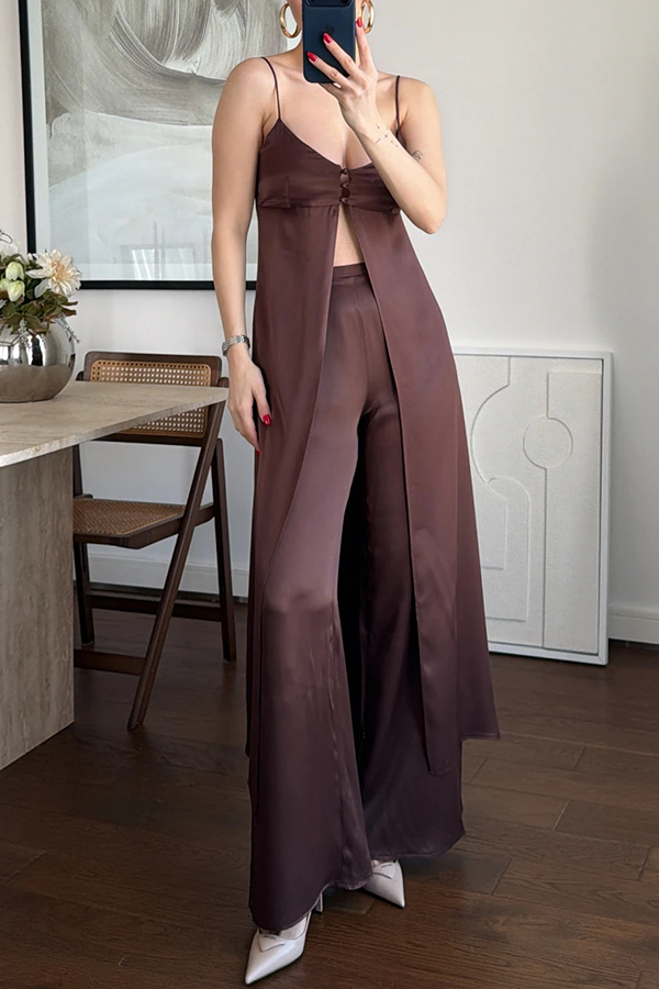 Giselle Satin Front Button Cutout Slit Midi Top and Elastic Waist Loose Pants Set