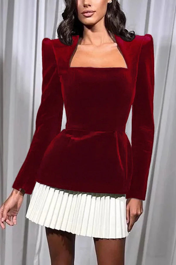 Netta Velvet Square Neck Long Sleeve Back Pearl Detail Pleated Mini Dress | Consonak