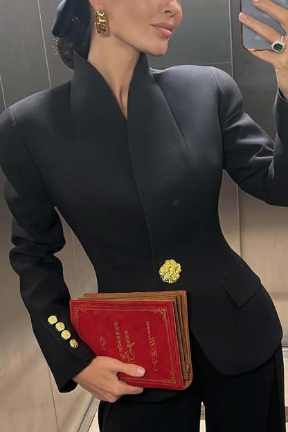 Classic Luxury Unique Metal Button Stand Collar Long Sleeve Jacket-consonak