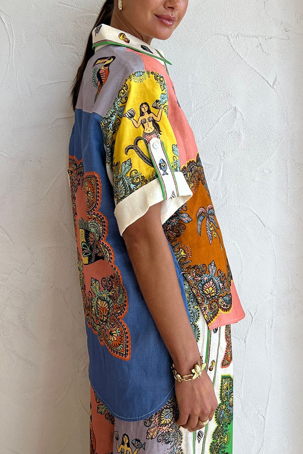 Pretty and Posh Linen Blend Mermaid Print  Button Down Oversized Blouse-consonak