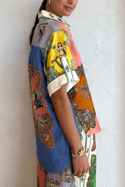 Pretty and Posh Linen Blend Mermaid Print  Button Down Oversized Blouse-consonak