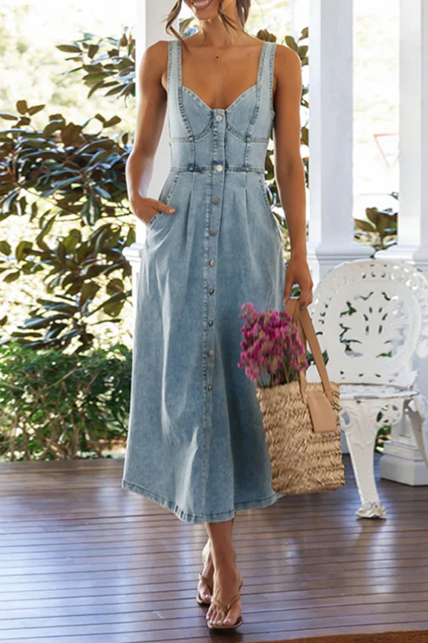 Stylish Single-breasted Fitted Waist Gathered Back Denim Maxi Dress