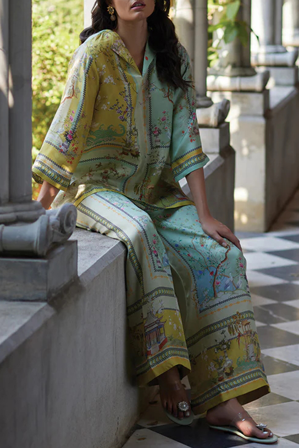 Elonie Satin Floral Print V-neck Half Sleeve Top and Elastic Waist Wide Leg Pants Set-consonak