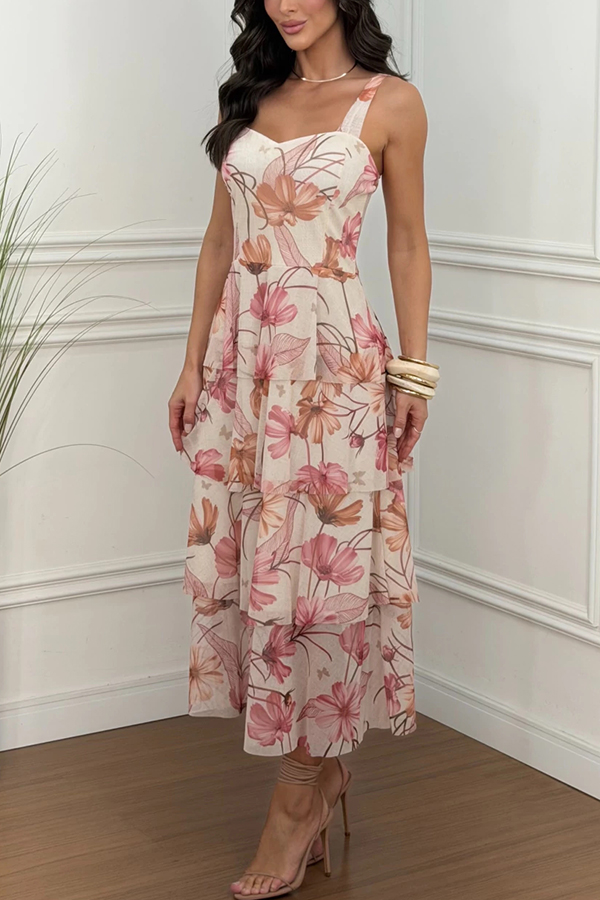 Rima Mesh Floral Print Sweetheart Neck Tiered Hem Maxi Dress