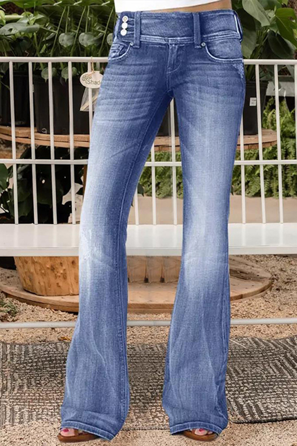Vintage Side Button Pocket Mid-rise Flared Jeans-consonak