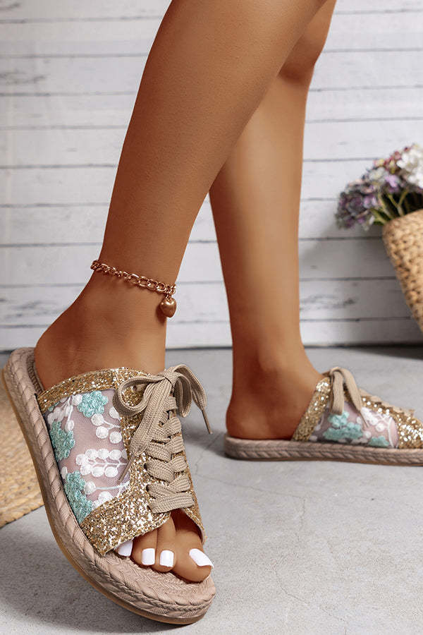 Sequined Mesh Embroidered Casual Strappy Flat Slippers-consonak
