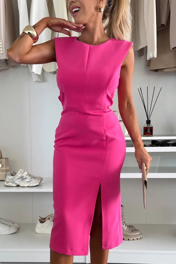 Charming Lady Solid Color Round Neck Sleeveless Waisted Slit Stretch Midi Dress | Consonak