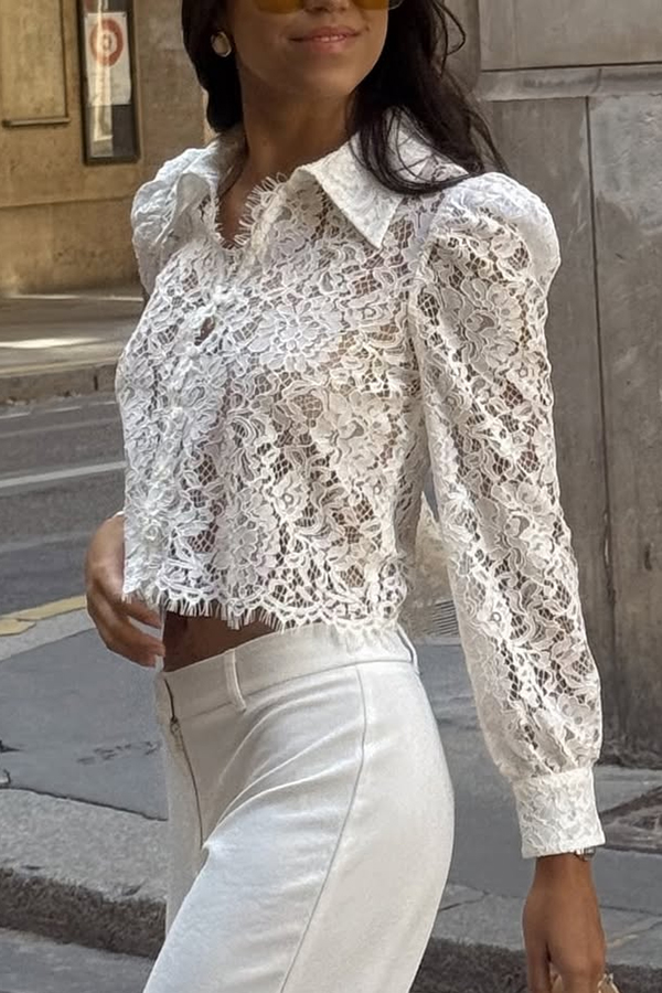 Paris Trends Floral Lace Puff Shoulder  Button Long Sleeve Blouse-consonak