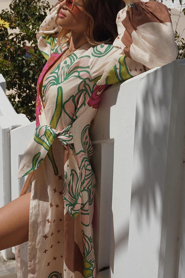 Tracey Linen Blend Unique Print Balloon Sleeve Tie-up Tunic Maxi Dress | Consonak