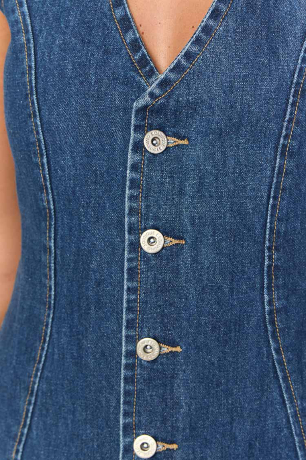 Stylish Sleeveless V-neck Buttons Tie-up Denim Mini Dress