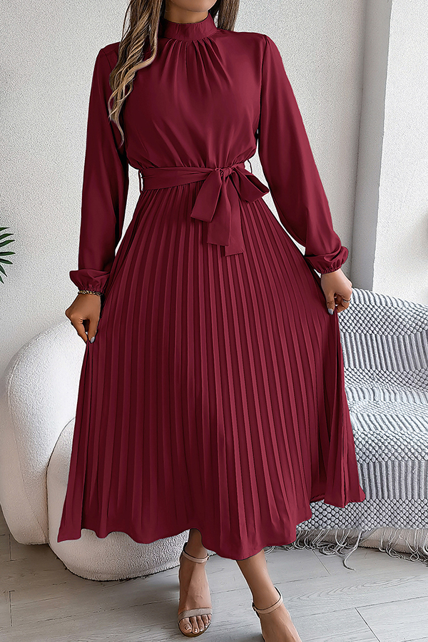Elegant Stand-collar Long-sleeve Waisted Tie-up Pleated Midi Dress-consonak