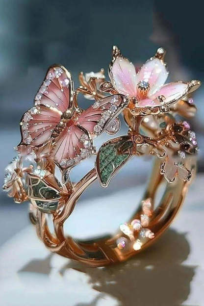 Colorful Butterfly and Flower Decoration Open Ring-consonak