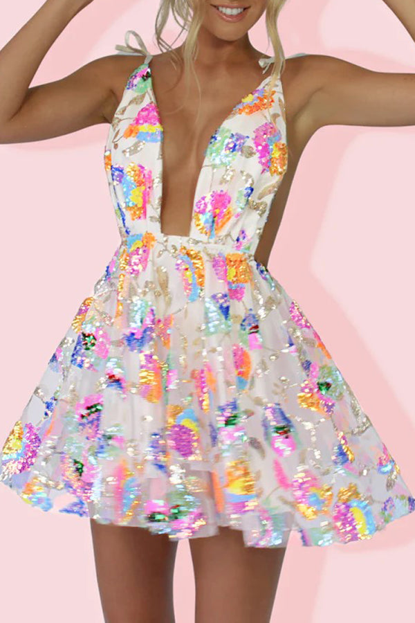 V Neck Open Back Sequined Floral Tie A Line Mini Dress-consonak