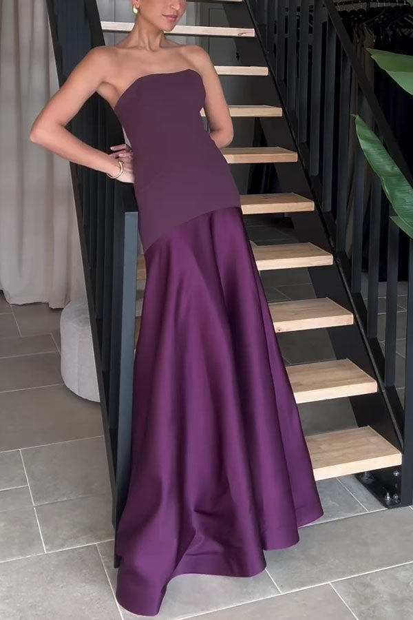 Timeless Elegance Satin Patchwork Strapless Flare Gown Maxi Dress | Consonak
