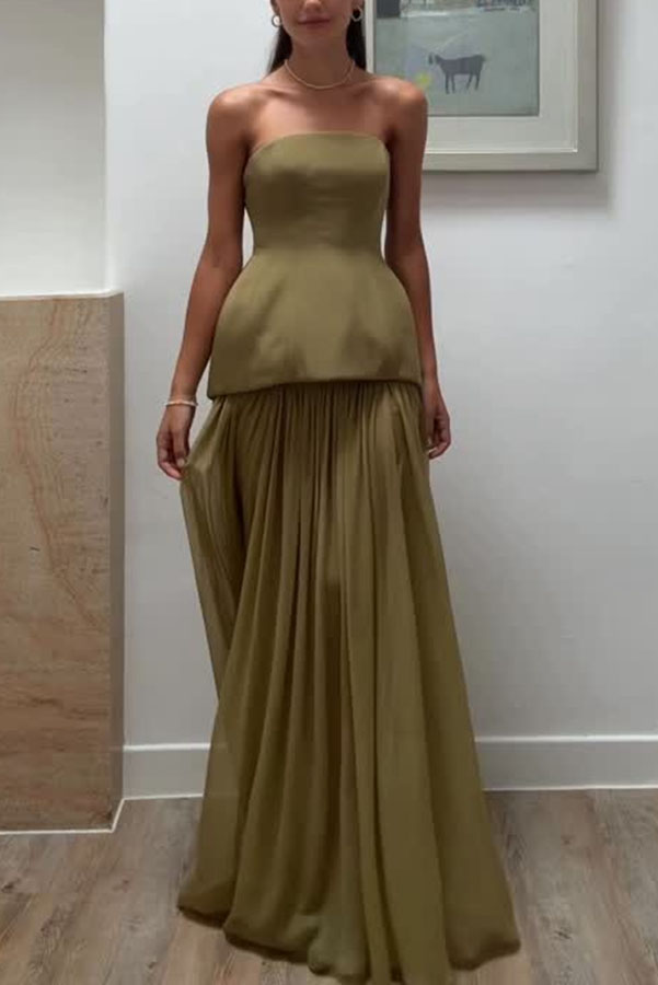Classic Attendance Structure Strapless Tank and Pleated Tulle High Rise Maxi Skirt Set-consonak