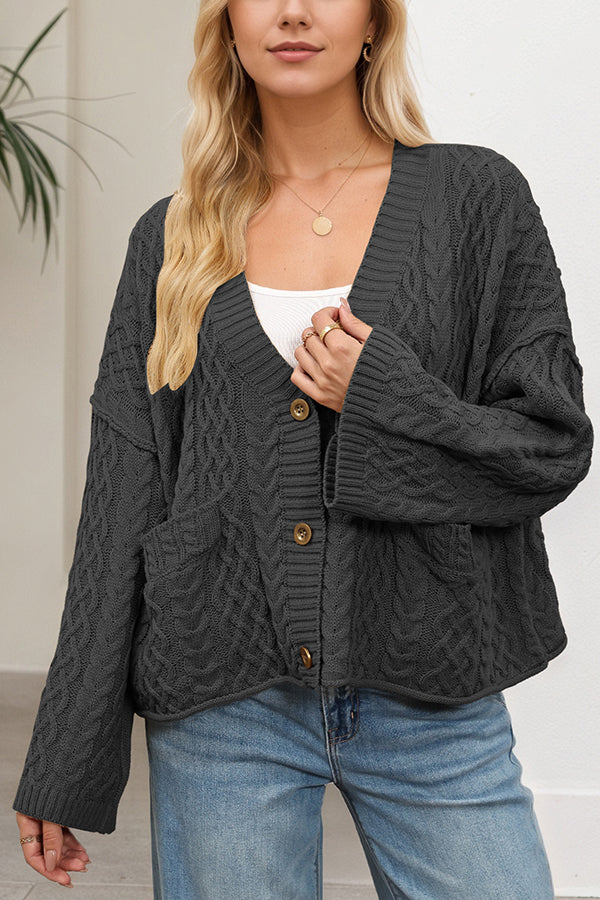 Solid Color Loose V-neck Long-sleeved Casual Pocket Knitted Cardigan-consonak