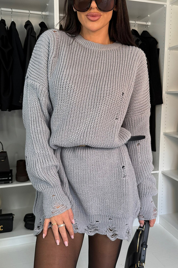 Solid Color Loose Ripped Knitted Mid-length Sweater-consonak