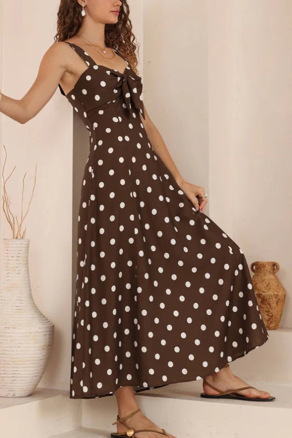 Polka Dot Print Back Pleated Casual Pocket Holiday Maxi Dress-consonak
