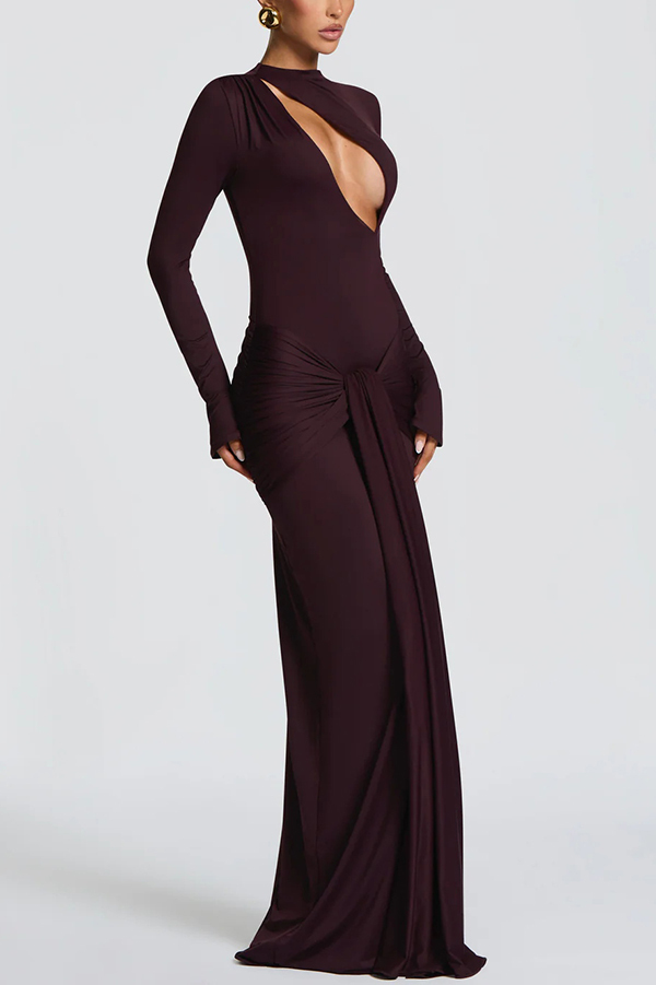 Sexy Cutout Fitted Long-sleeved Pleated Satin Ribbon Maxi Dresses-consonak