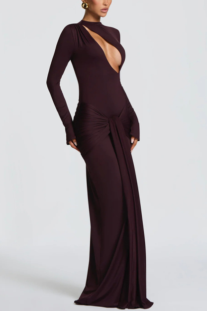 Sexy Cutout Fitted Long-sleeved Pleated Satin Ribbon Maxi Dresses-consonak