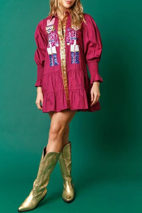Nutcracker Sequined Button Down Long Sleeve Mini Dress-consonak