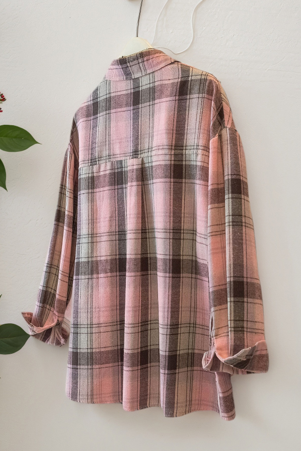 Stylish Plaid Collared Long-sleeved Pockets Casual Loose Shirt
