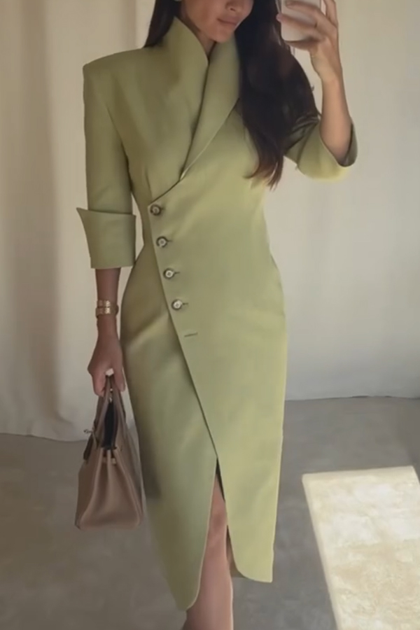 Elegant Look Linen Blend Stand Lapel Neck Half Sleeve Side Button Midi Dress-consonak