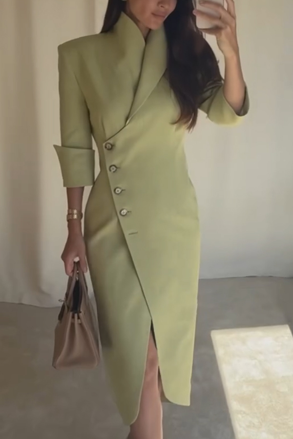 Elegant Look Linen Blend Stand Lapel Neck Half Sleeve Side Button Midi Dress-consonak