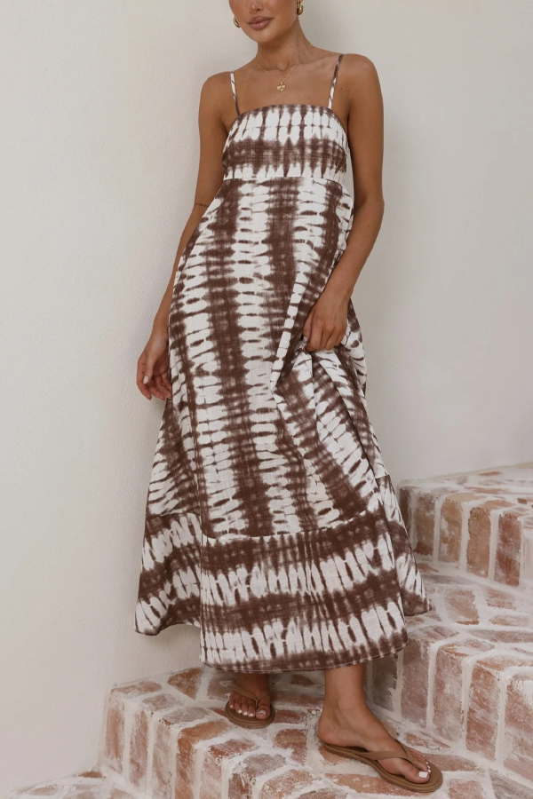Fashionable Tie-dye Print Spaghetti Strap High-waisted Casual Vacation Maxi Dress