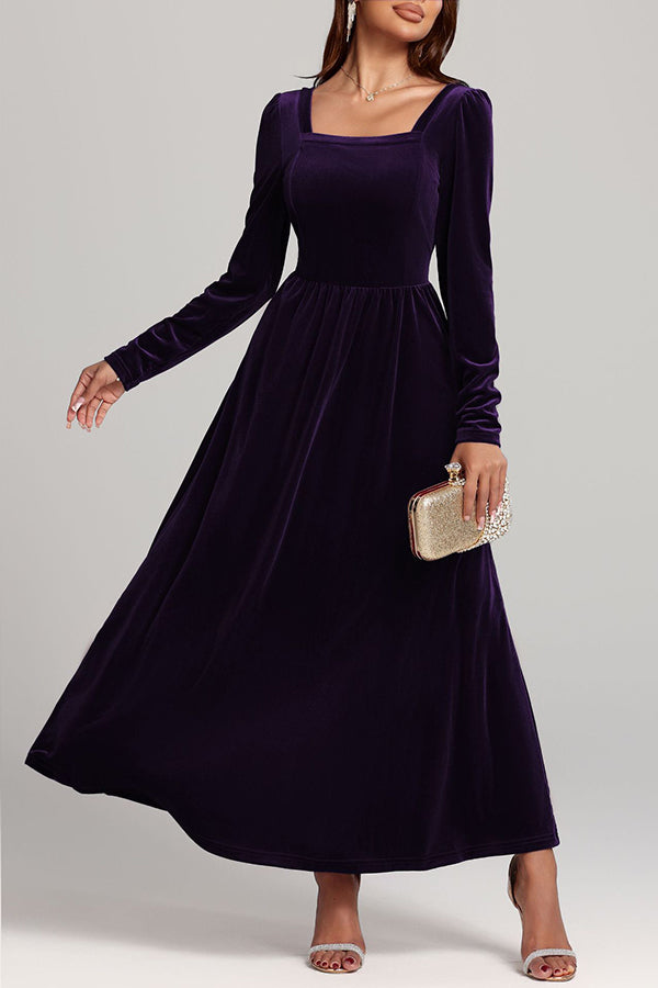 Solid Color Velvet Square Neck Long Sleeve Elegant Maxi Dress-consonak