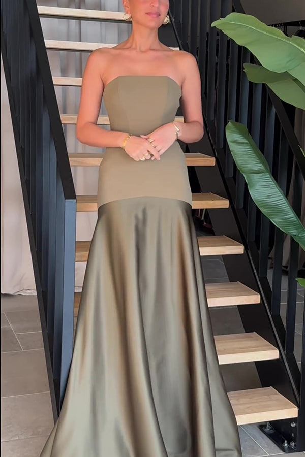 Timeless Elegance Satin Patchwork Strapless Flare Gown Maxi Dress | Consonak