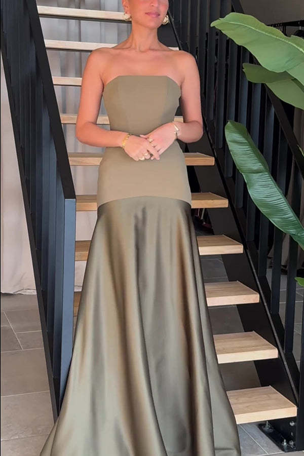 Timeless Elegance Satin Patchwork Strapless Flare Gown Maxi Dress-consonak