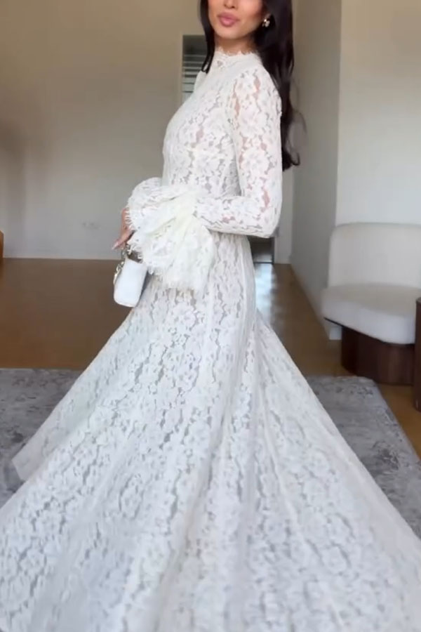 Nasrin Floral Lace Mock Neck Long Bell Sleeve Pleated Hem Maxi Dress