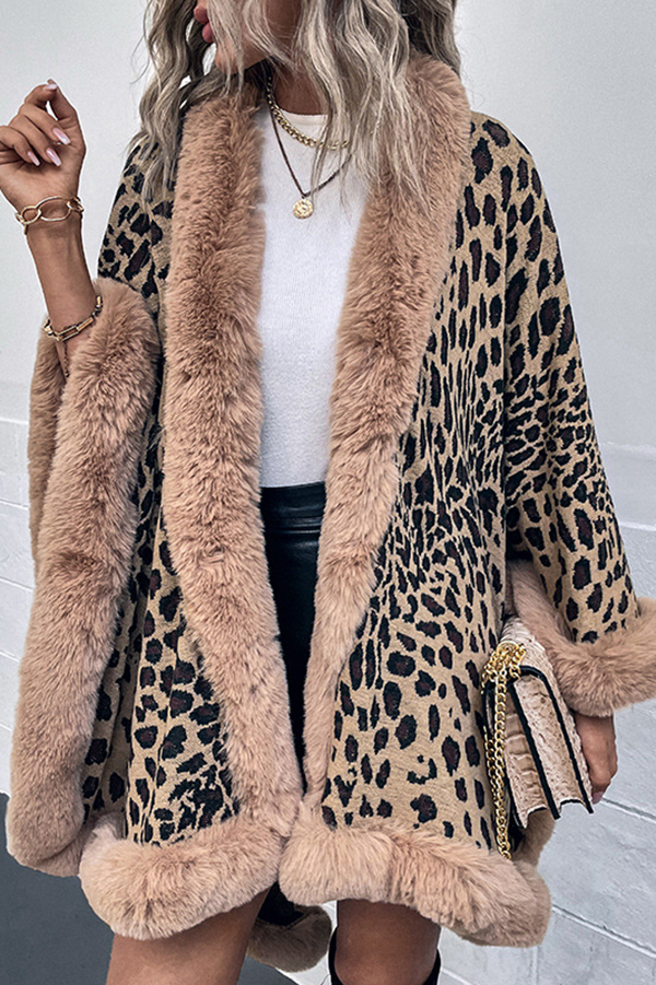 Leopard Print Fashionable Raw Edge Shawl Cape Cardigan-consonak