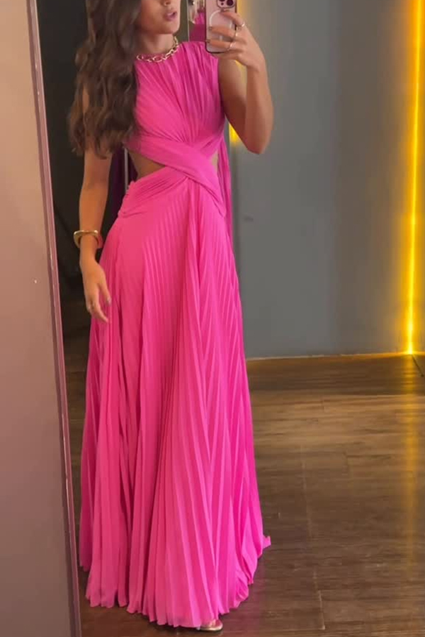 Tamia Pleated Chiffon Fabric Crossover Cutout Waist Open Back Maxi Dress-consonak
