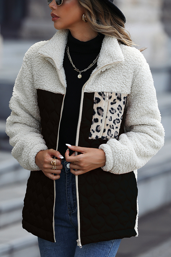 Casual Patchwork Plush Long Sleeve Leopard Print Pocket Loose Zipper Jacket-consonak
