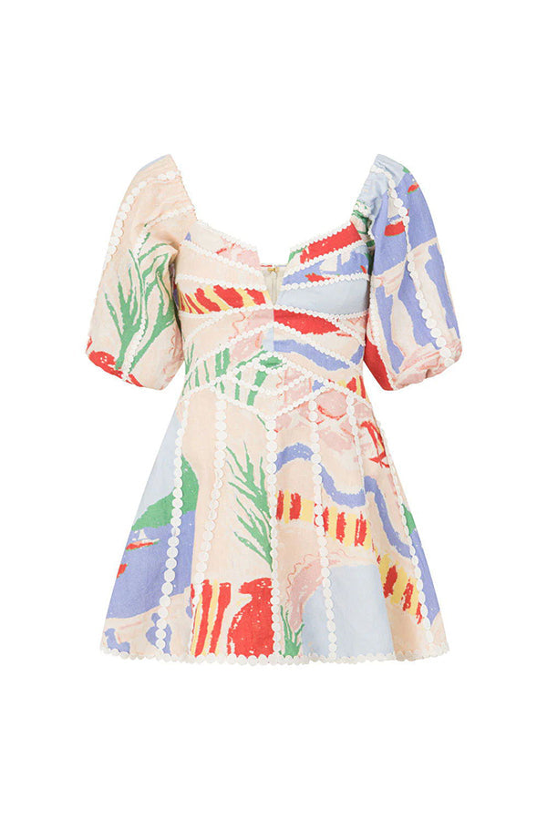 Como Linen Blend Ric Rac Trims Unique Print Puff Sleeve Mini Dress-consonak