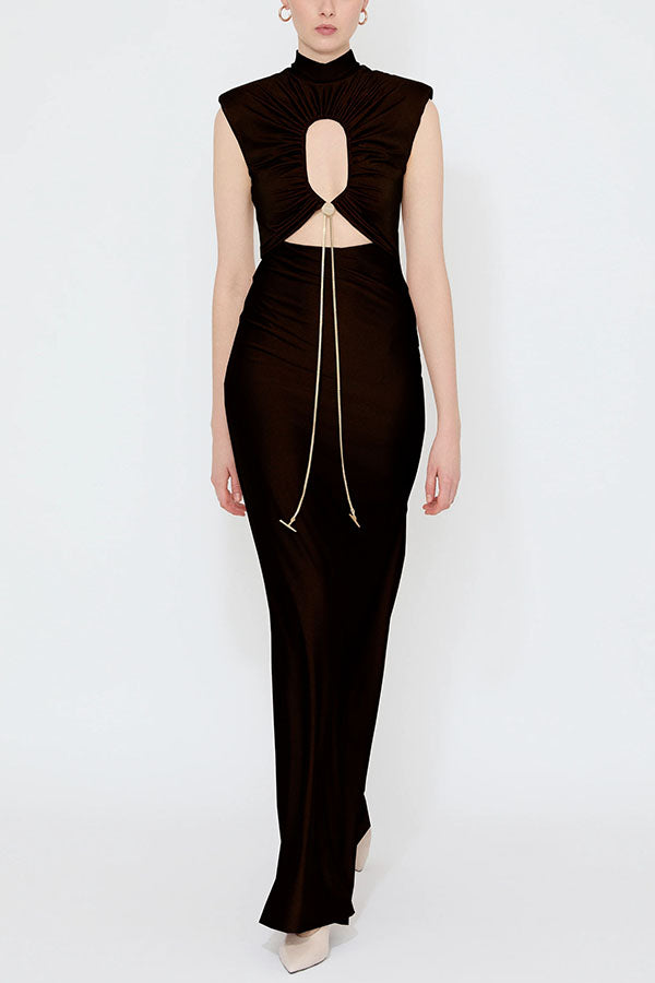 Genis Hollow Elastic Bust High Neck Sleeveless Gathered Maxi Dress-consonak