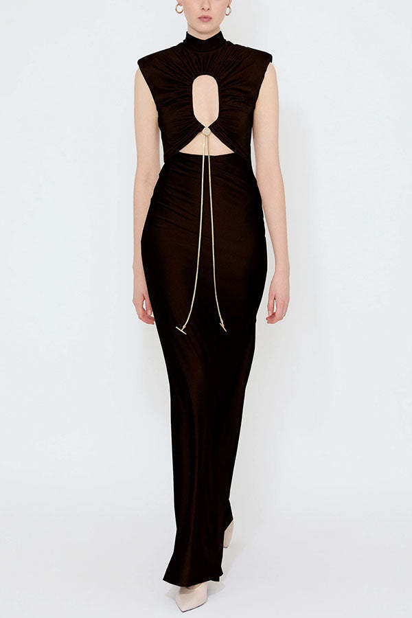 Genis Hollow Elastic Bust High Neck Sleeveless Gathered Maxi Dress-consonak