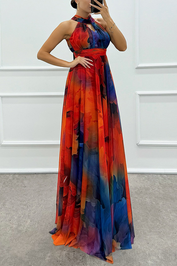 Elaine Tulle Floral Splash Print Cutout Halter Tie-up Neck Gown Maxi Dress-consonak