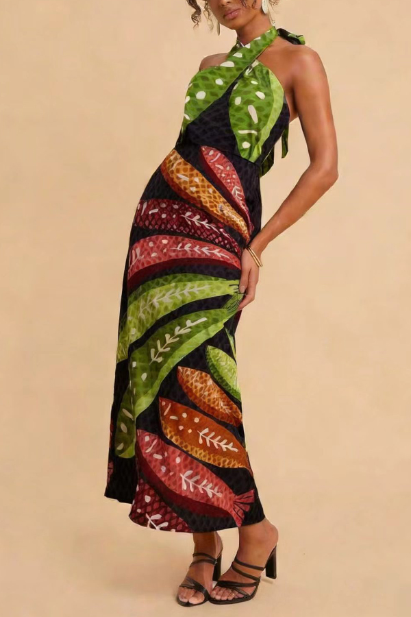 Multi-colored Fish Print Halter Neck Backless Printed Fitted Vacation Maxi Dress