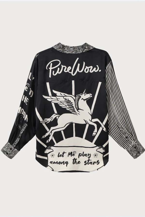 Black Magic Satin Unique Print Long Sleeve Blouse and Elastic Waist Pocket Wide Leg Pants Set-consonak