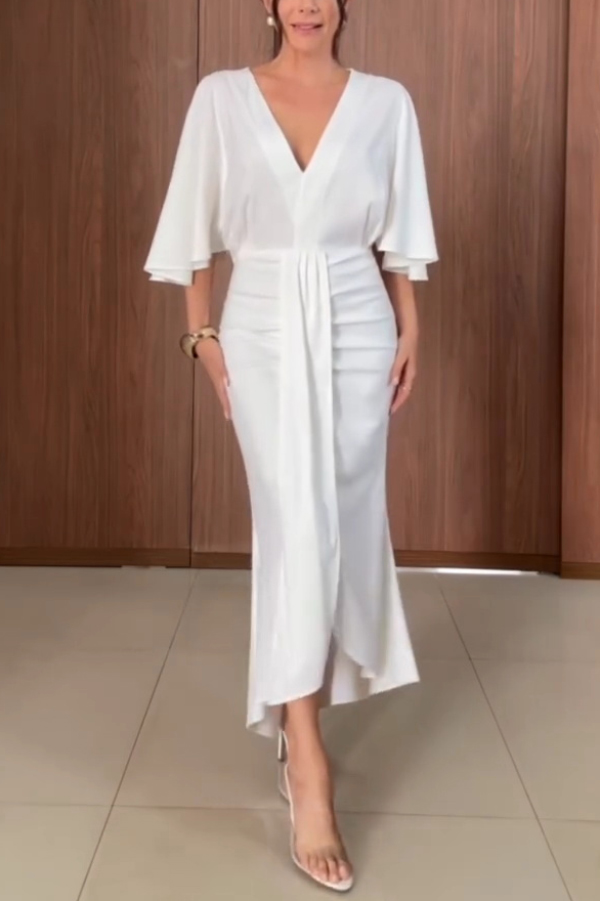 Solid Color V-neck Ribbon Waist-cinching Casual Maxi Dress