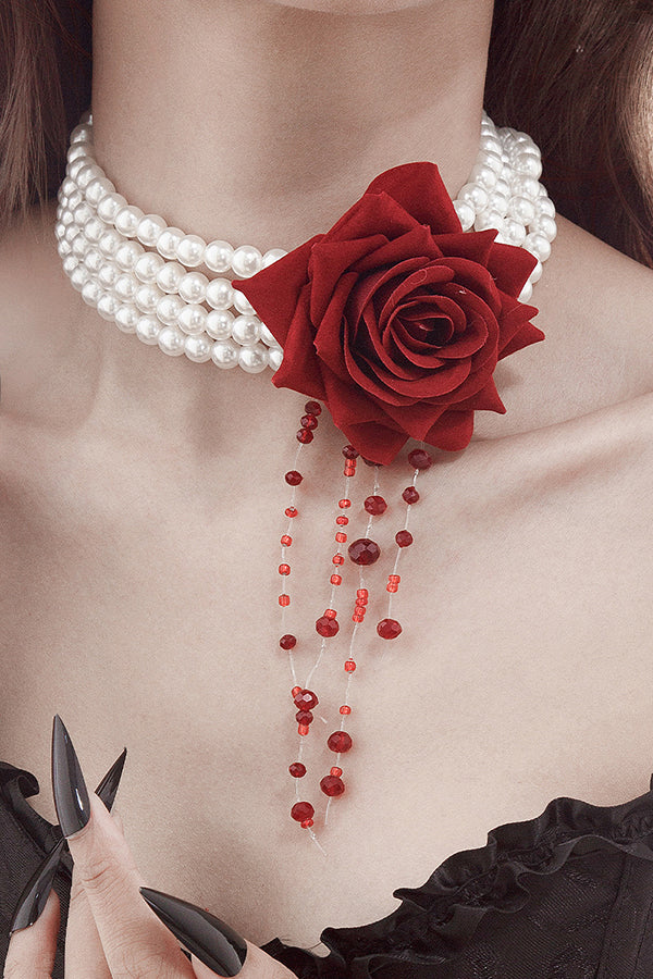 Halloween Dark Blood-stained Pearl Beaded Rose Necklace-consonak