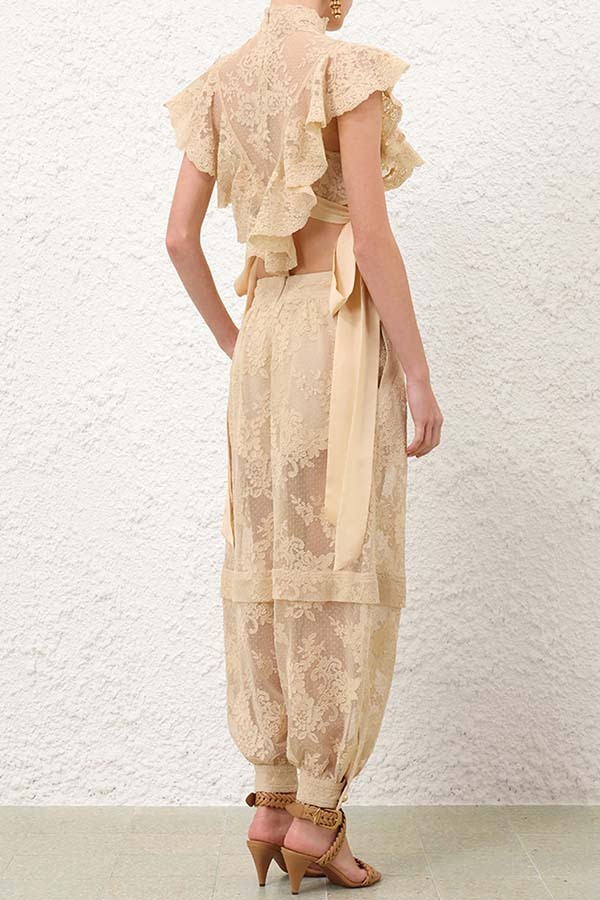 Ellie Lace Gathered Waist Pocket Button Ankle Cuffs Harem Pant-consonak