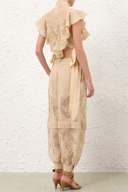 Ellie Lace Gathered Waist Pocket Button Ankle Cuffs Harem Pant-consonak