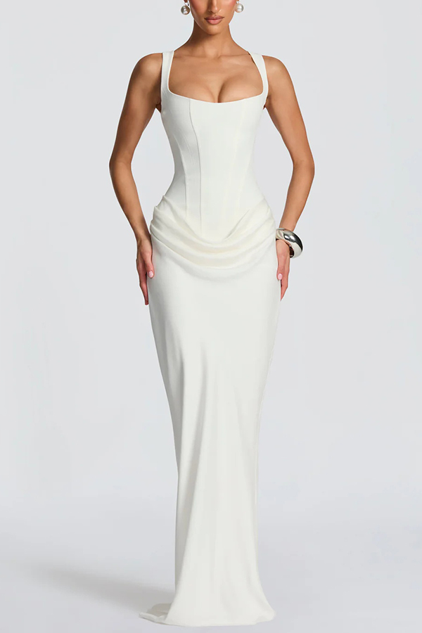 Larrah Square Neck Back Lace-up Satin Drape Hem Maxi Dress | Consonak