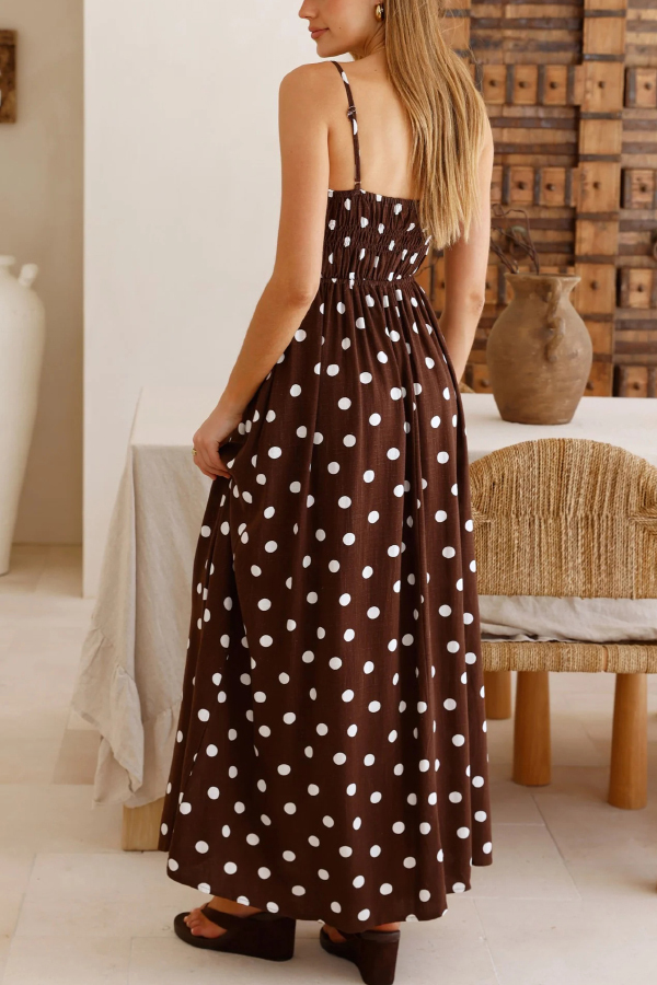 Polka Dot Print Square Neckline Fitted Waist Pleated Maxi Dress