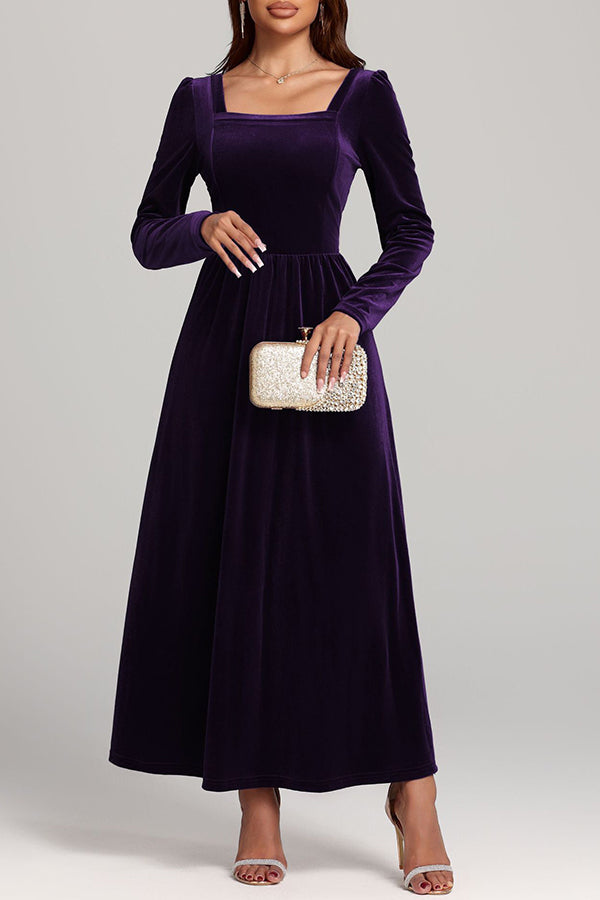 Solid Color Velvet Square Neck Long Sleeve Elegant Maxi Dress-consonak