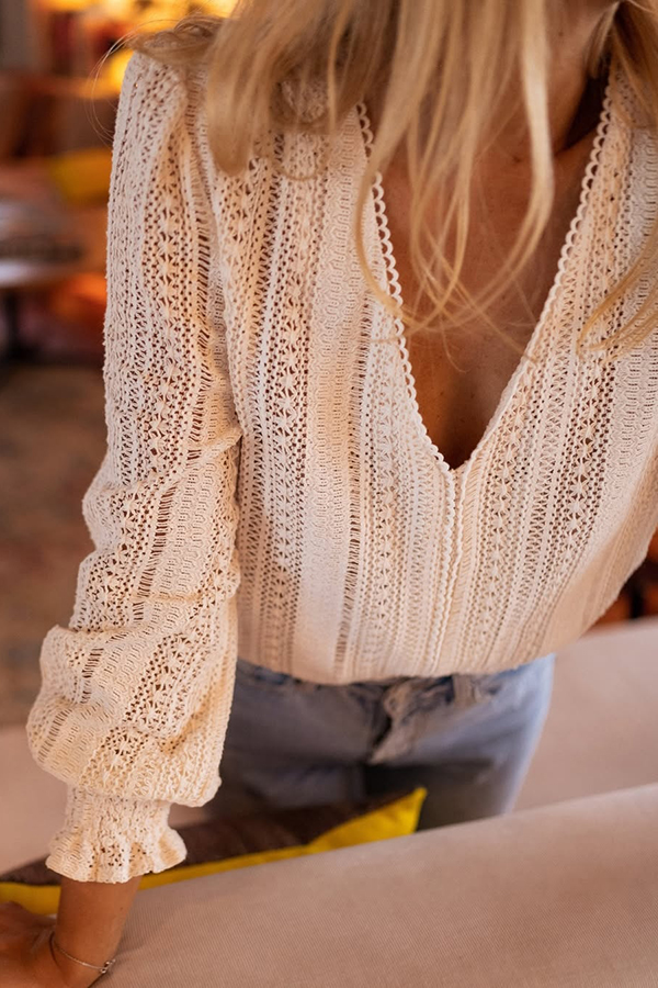 Elegant Openwork V-neck Long-sleeved Casual Shirt-consonak